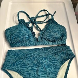 Cupshe Teal Floral Jacquard Scalloped Bralette & High Waist Bikini Set